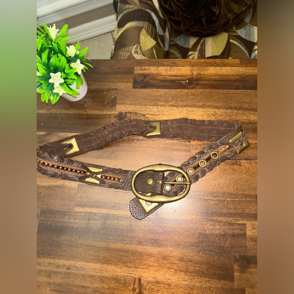 Vintage Leatherock Women's Brown Genuine Leather Belt Brass Hardware 36”